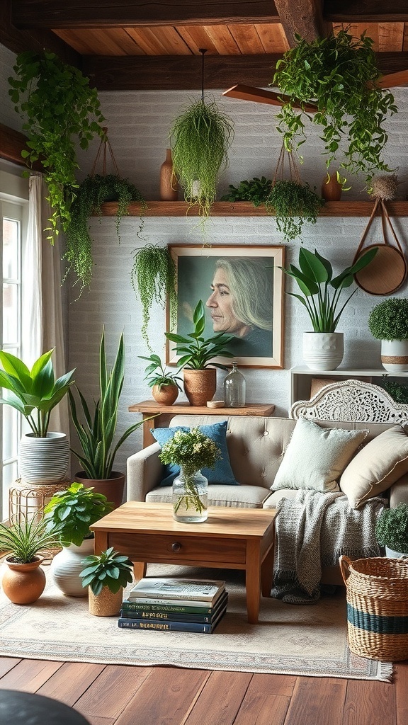 A cozy rustic living room filled with various indoor plants, showcasing a warm and inviting atmosphere.