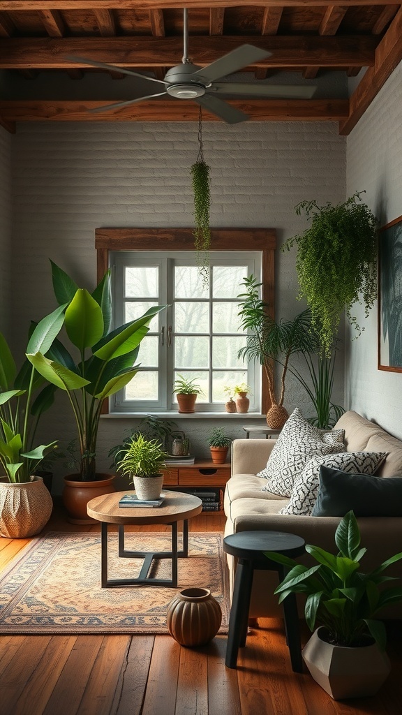 A rustic living room filled with various indoor plants, showcasing a cozy and fresh atmosphere.
