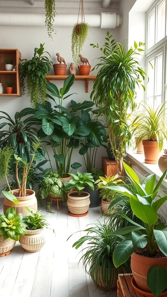 A bright indoor space filled with various indoor plants in decorative pots.