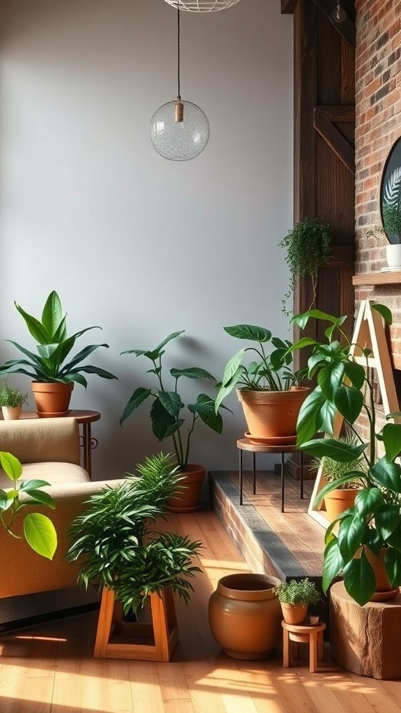 A rustic French country living room filled with various indoor plants in terracotta pots.