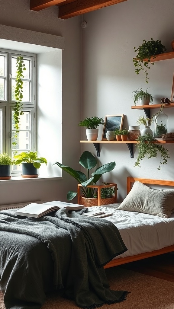 A cozy modern rustic bedroom with indoor plants by the window and on shelves.