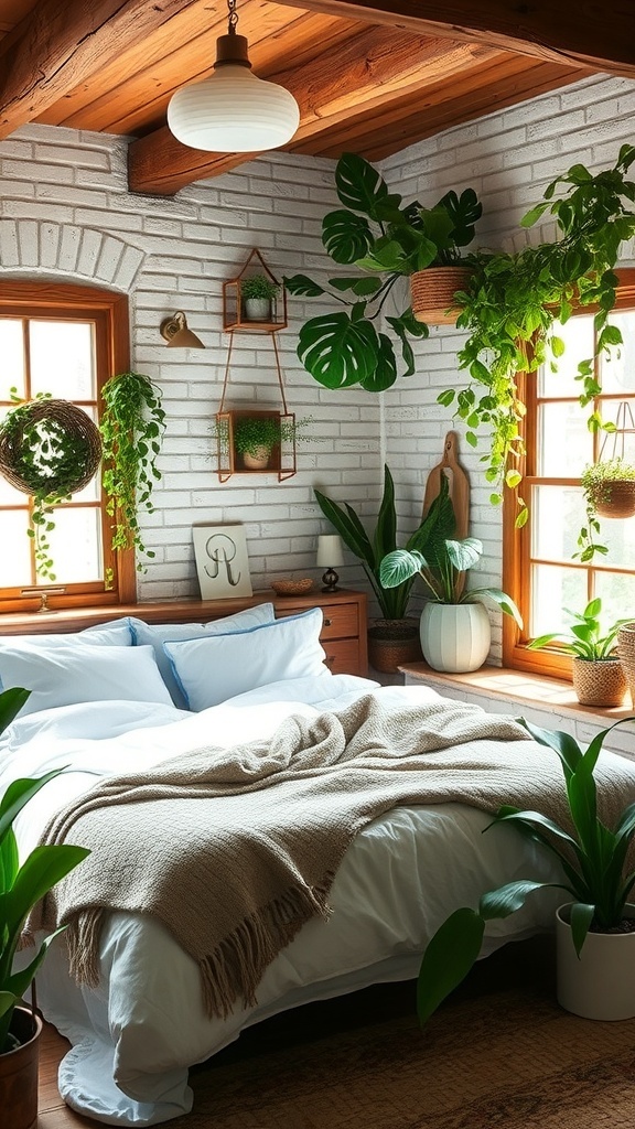 A cozy rustic bedroom with indoor plants, featuring a bed with a blanket, wooden accents, and greenery.