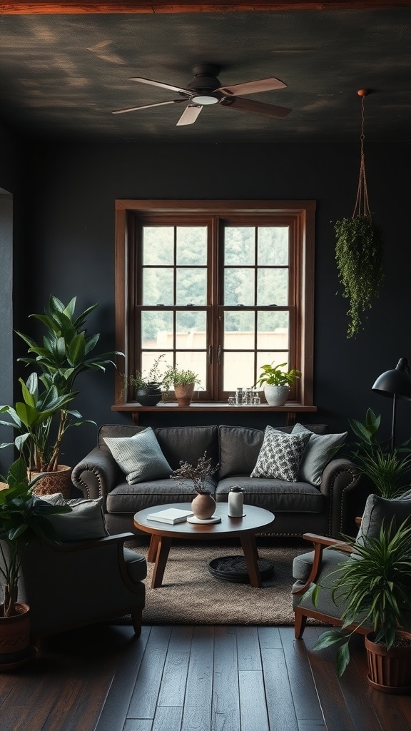 A dark rustic living room with indoor plants, showcasing a cozy atmosphere.