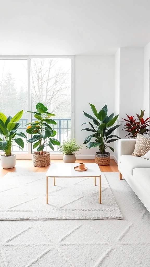 A cozy winter living room with various indoor plants, a white rug, and a small coffee table.