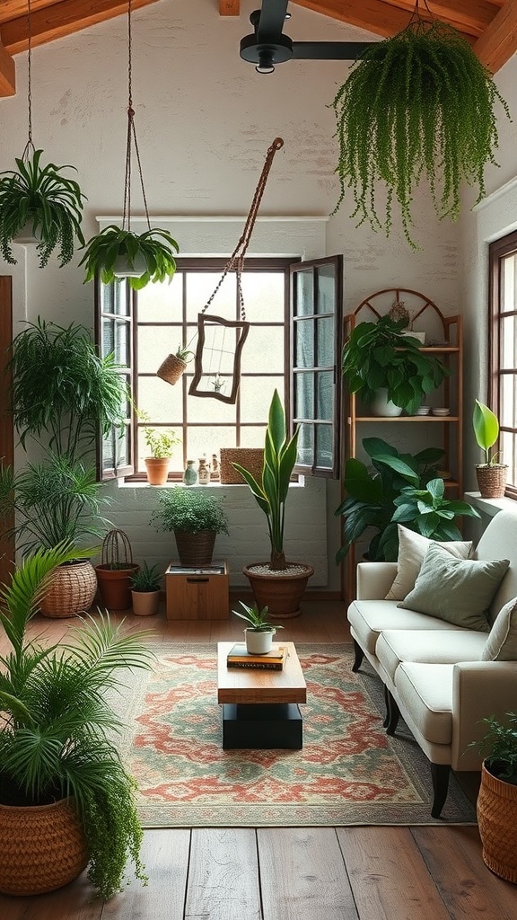 A cozy rustic living room filled with various indoor plants, showcasing a bright and inviting atmosphere.