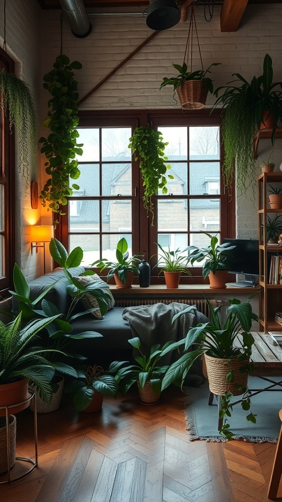 Cozy living room filled with various indoor plants and rustic decor.