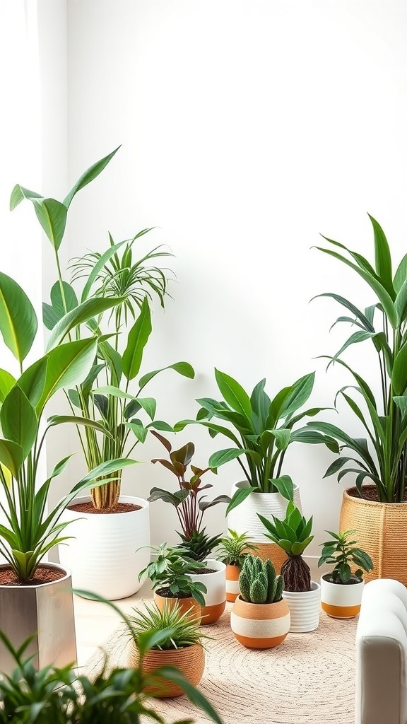 A collection of indoor plants in various pots, arranged in a bright living room setting.