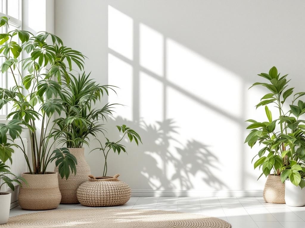 A bright indoor space with various plants in woven pots, showcasing a neutral home aesthetic.