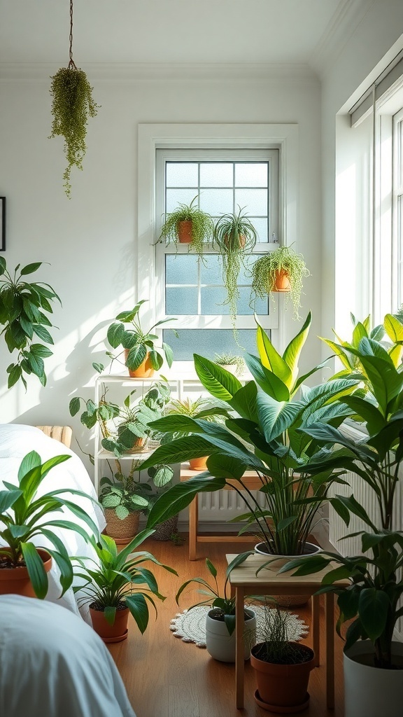 A cozy bedroom filled with various indoor plants, creating a fresh and inviting atmosphere.