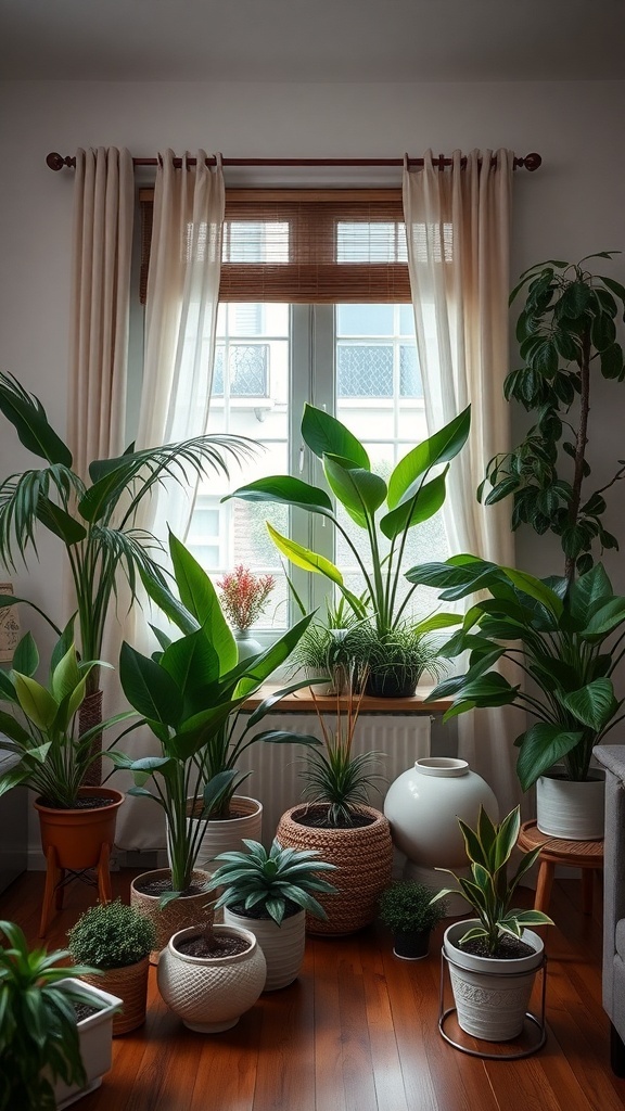 A variety of indoor plants in pots arranged in a bright living room.