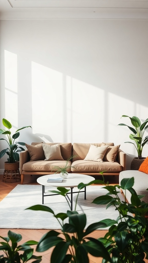 A minimalist living room with indoor plants, a beige sofa, and a coffee table.