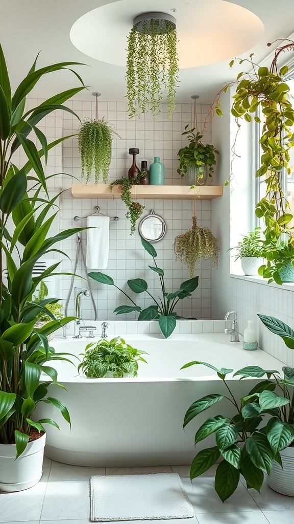 A beautifully designed spa bathroom with various indoor plants, creating a serene and relaxing environment.