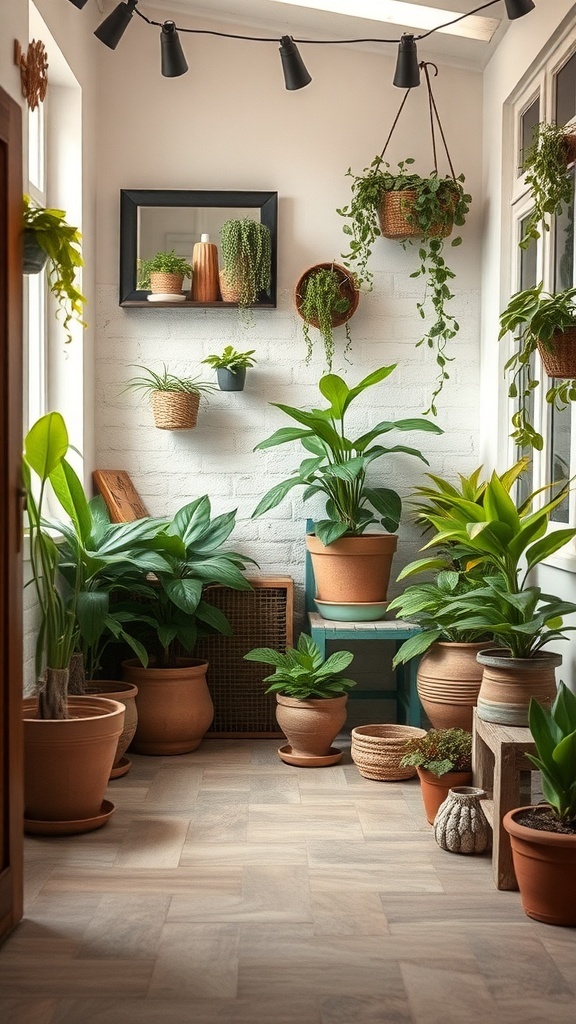 A cozy indoor space filled with various potted plants, showcasing rustic charm.
