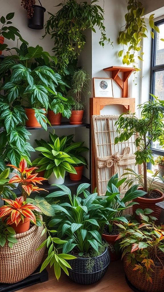 A cozy indoor plant arrangement featuring various green plants and colorful foliage in pots.