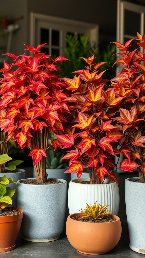 Indoor plants with vibrant autumn foliage in various pots