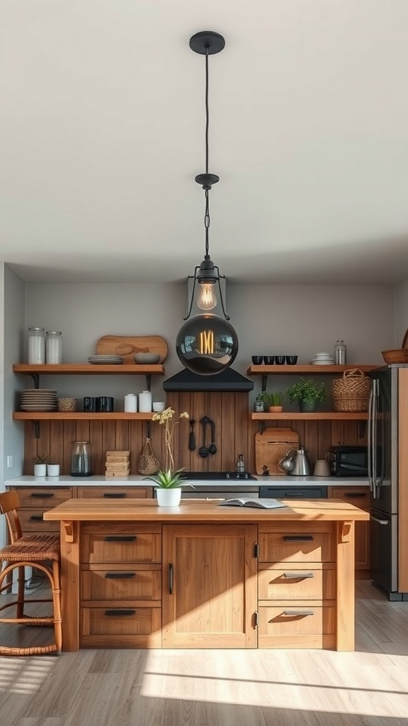A modern rustic kitchen with industrial-style pendant lighting and wooden elements.