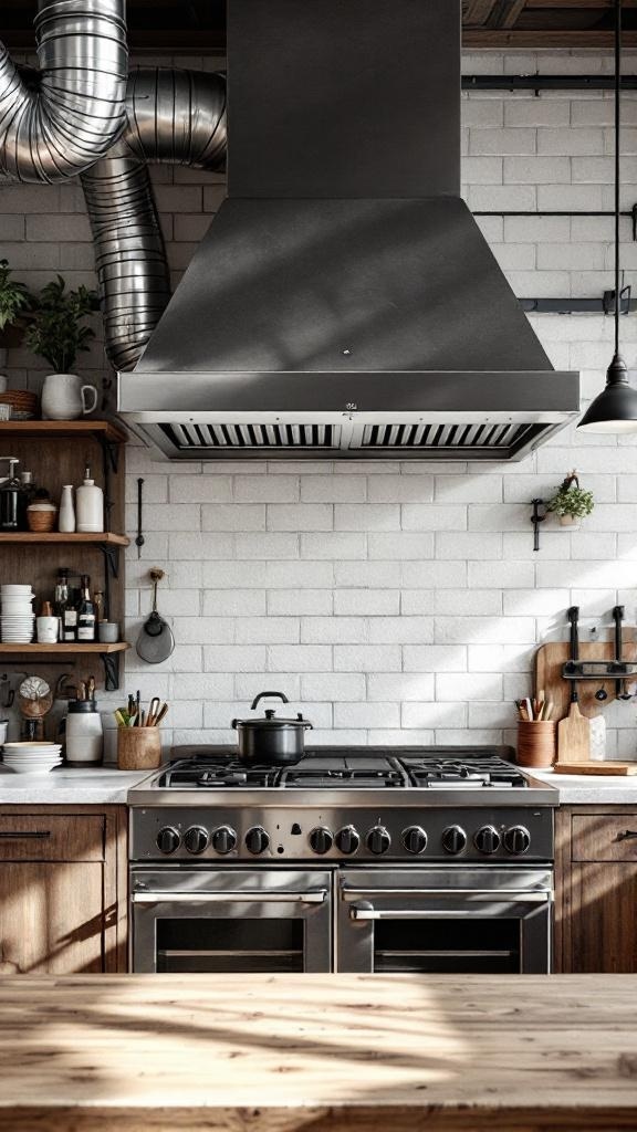 A modern kitchen featuring an industrial-style metal hood over a professional-grade stove, with white brick walls and wooden cabinetry.