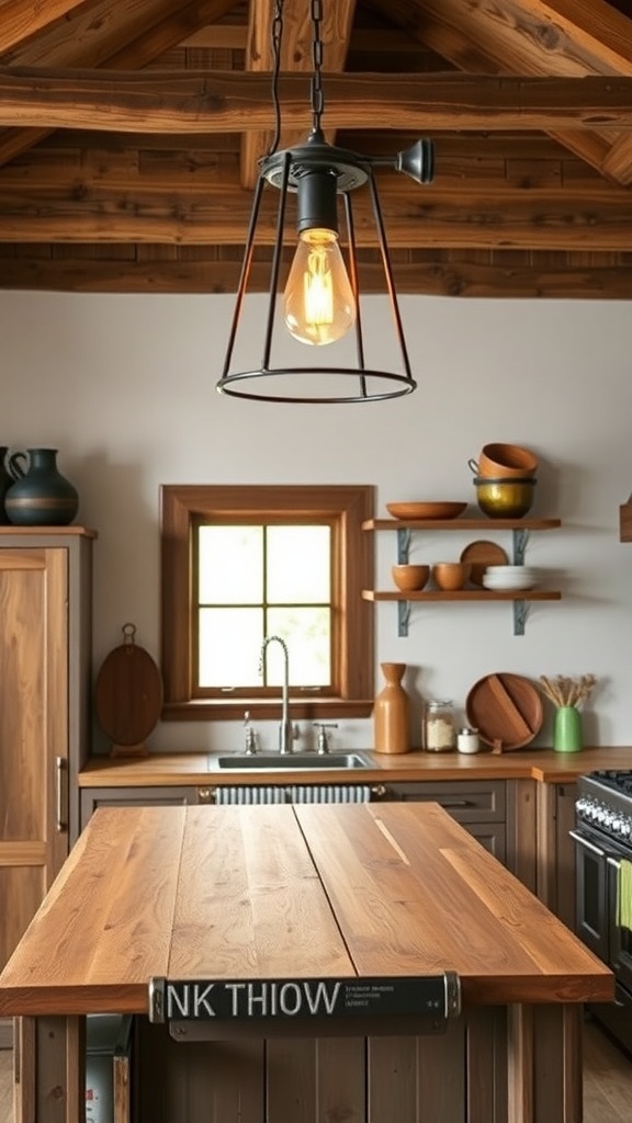 A rustic kitchen featuring an industrial-style pendant light hanging above a wooden table.