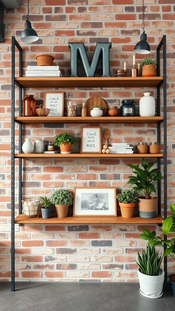 Industrial-style shelving with plants and decor against a brick wall
