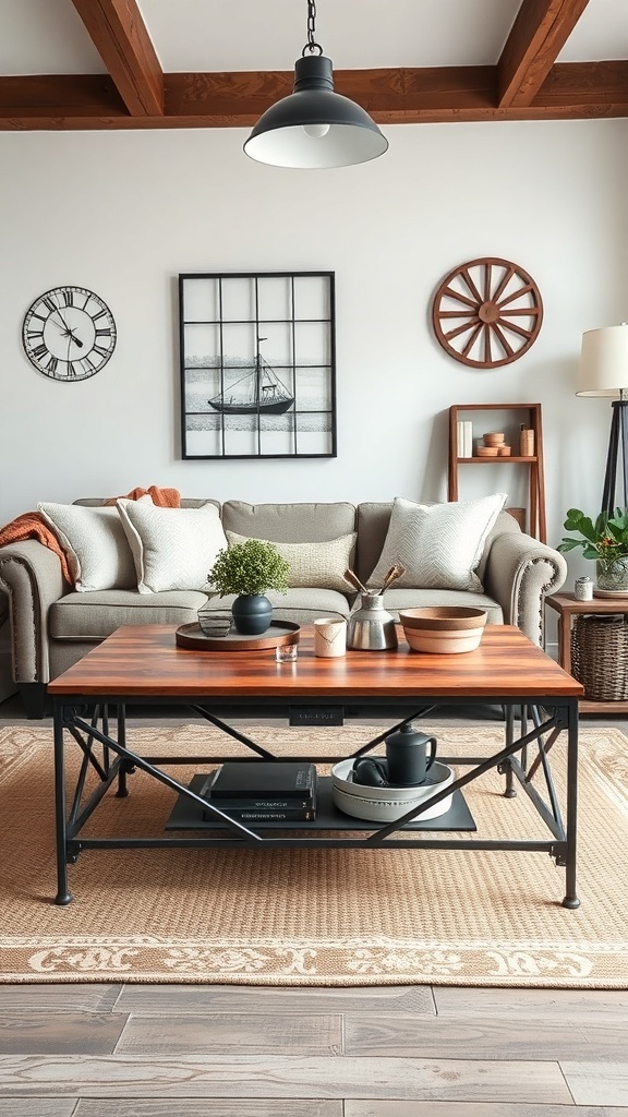 A modern farmhouse living room featuring an industrial-style coffee table with a wooden top and metal base.