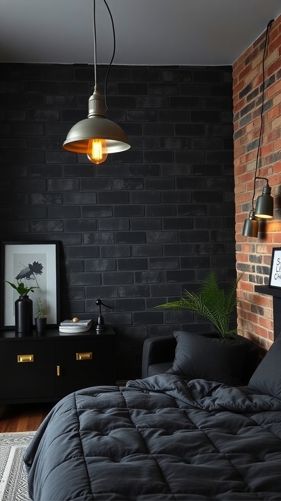 A stylish industrial black bedroom featuring dark brick walls, metal lighting, and a cozy bed.