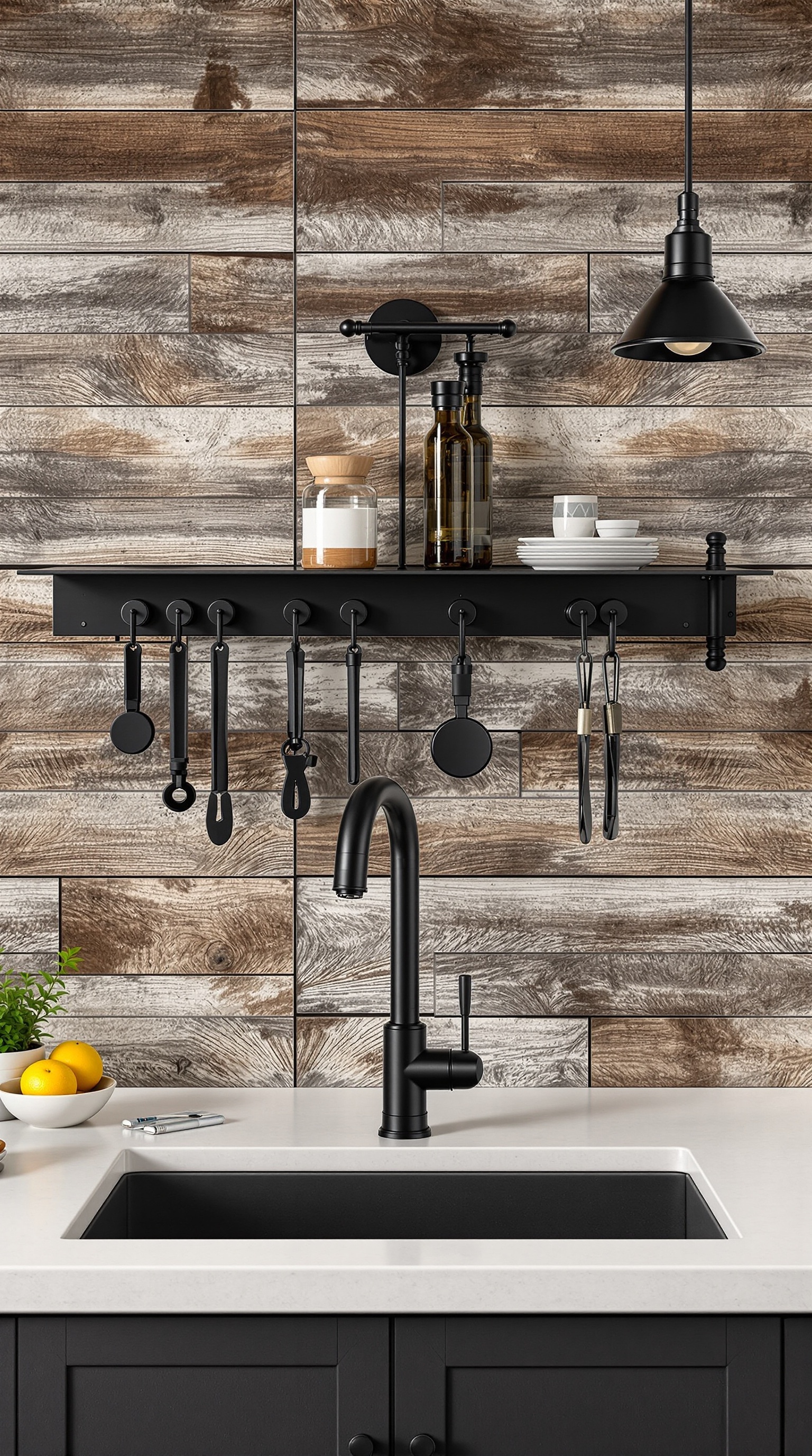 A modern kitchen featuring industrial black fixtures, including a sink, faucet, and hanging utensils, against a wooden wall.