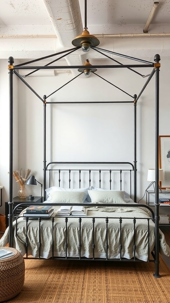 A stylish industrial chic canopy bed with a metal frame, soft bedding, and a cozy room setup.