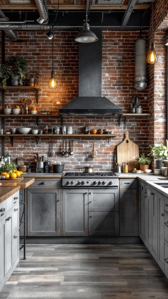 A modern kitchen featuring exposed brick walls, dark cabinetry, open shelving, and stylish lighting.