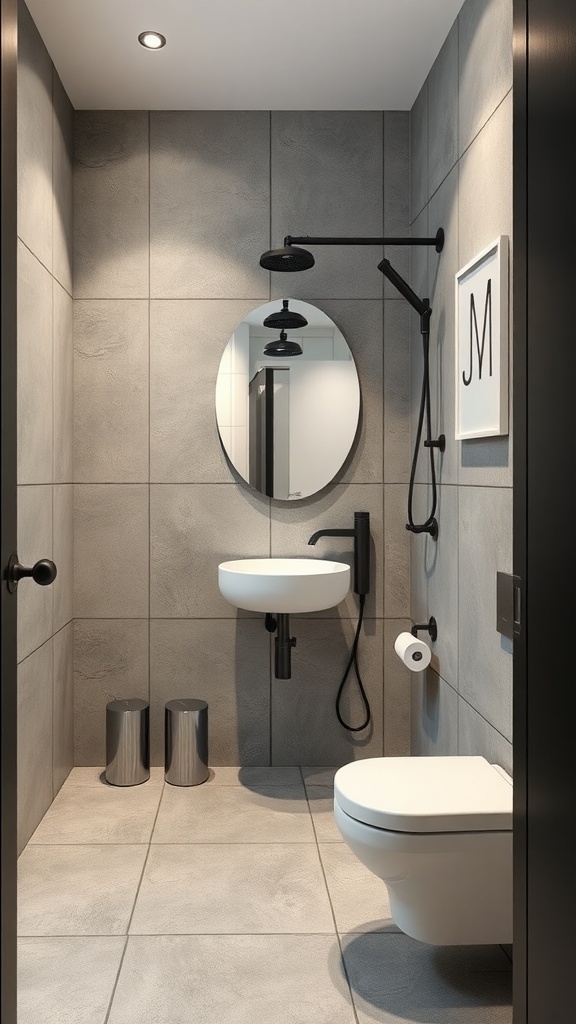 A modern bathroom featuring gray tiles and black fixtures, embodying an industrial chic style.