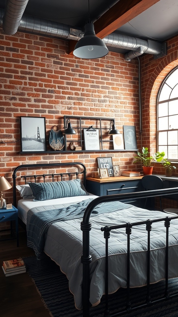 A stylish bedroom featuring black furniture, exposed brick walls, and industrial decor.