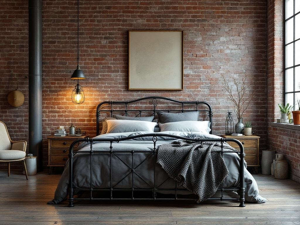 A stylish bedroom featuring a black metal bed frame against a brick wall, with soft bedding and warm lighting.