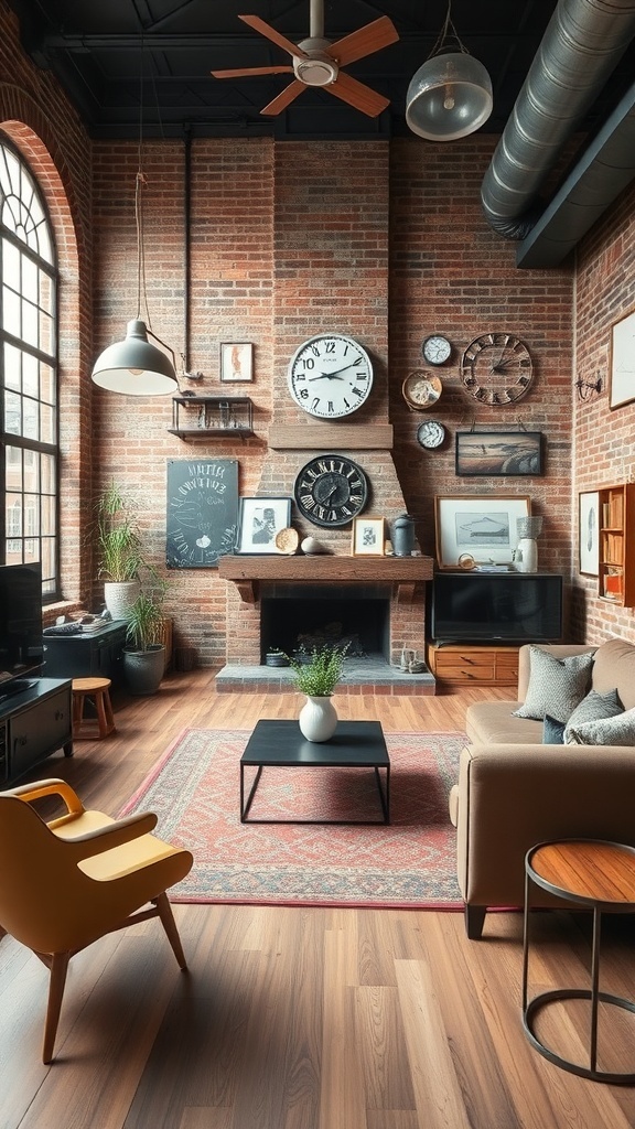 A contemporary living room featuring exposed brick walls, metal accents, and stylish furniture.