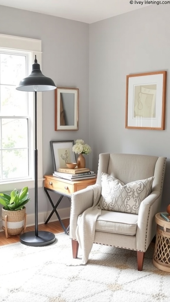 A cozy reading nook featuring an industrial floor lamp, a comfortable chair, and decorative plants.