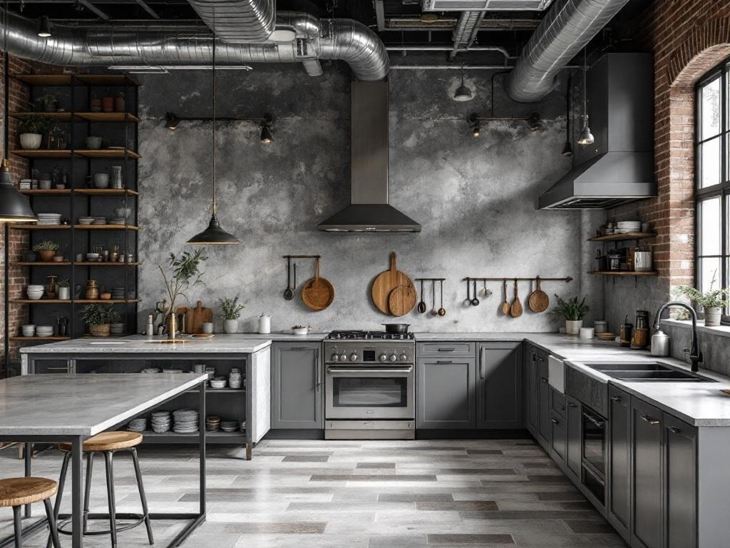 A modern industrial gray kitchen featuring gray cabinetry, concrete countertops, exposed brick wall, and open shelving.