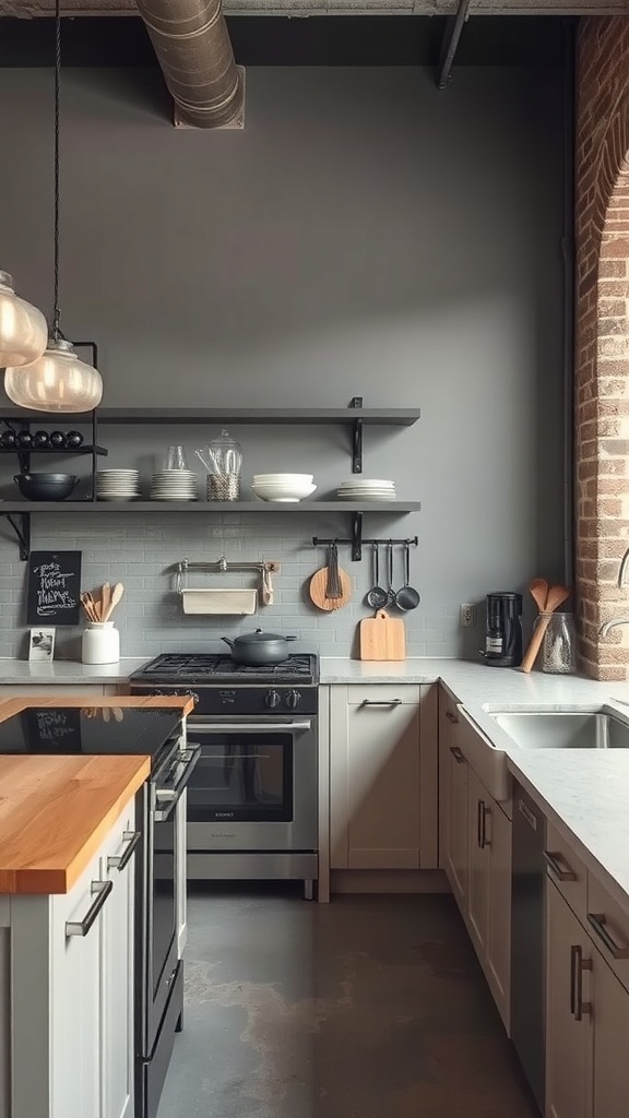 A modern industrial kitchen featuring grey walls, metal shelving, and warm brick accents.
