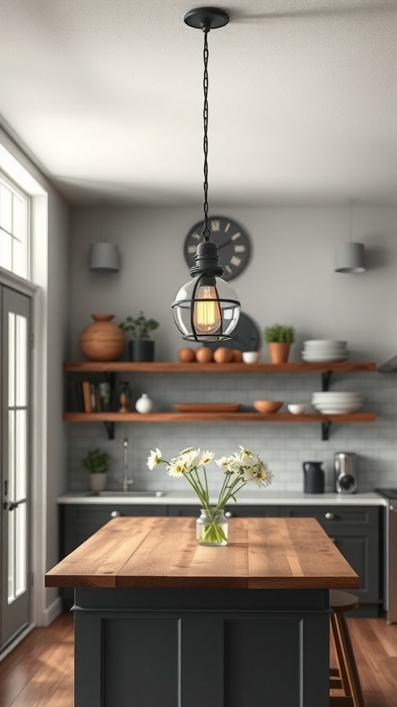 A modern farmhouse kitchen featuring an industrial pendant light above a wooden island.
