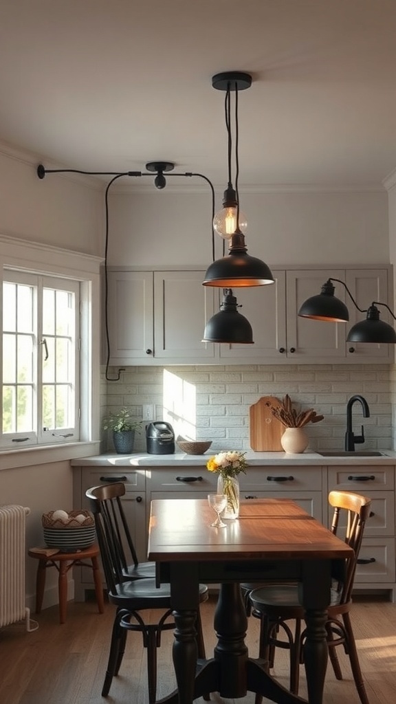 A cozy industrial farmhouse kitchen with stylish lighting fixtures.