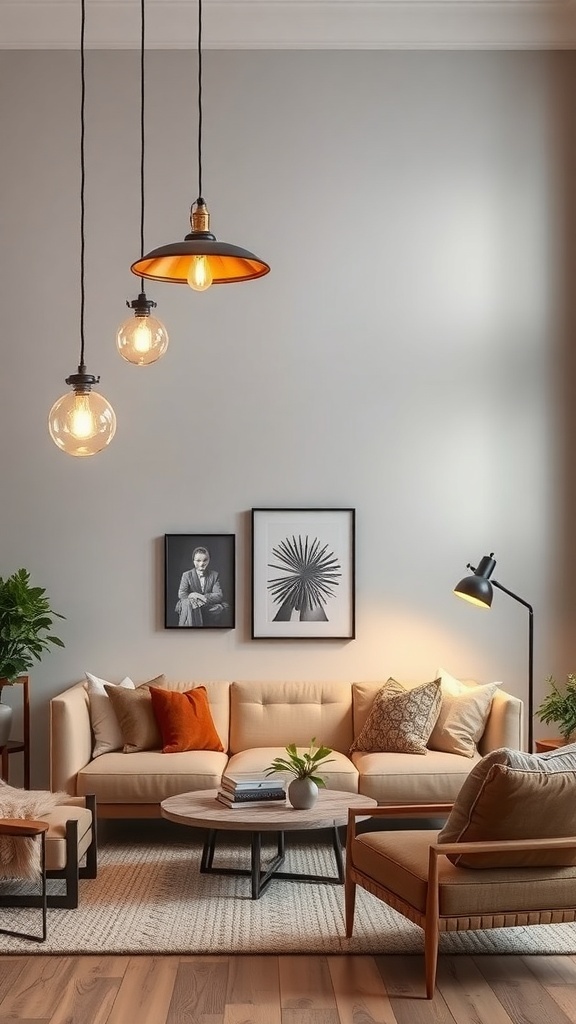 A cozy industrial farmhouse living room with stylish lighting fixtures.