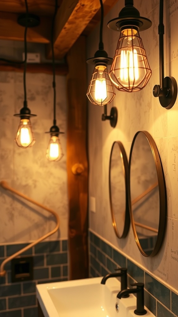Industrial lighting fixtures in a modern rustic bathroom with mirrors and a sink.