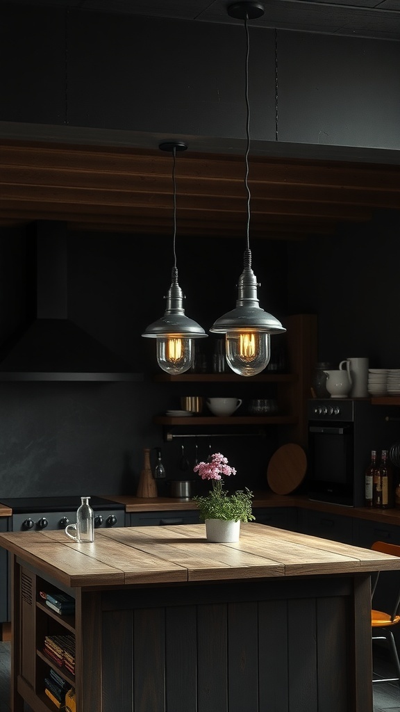Two industrial-style pendant lights hanging over a wooden kitchen island in a dark rustic kitchen.
