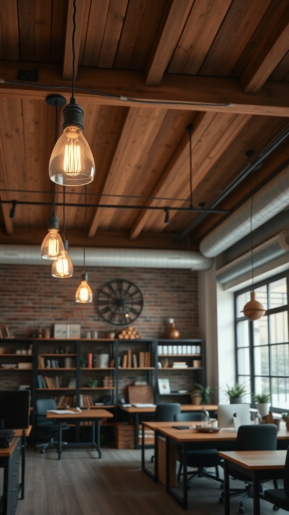 Rustic office with industrial lighting fixtures hanging from the ceiling