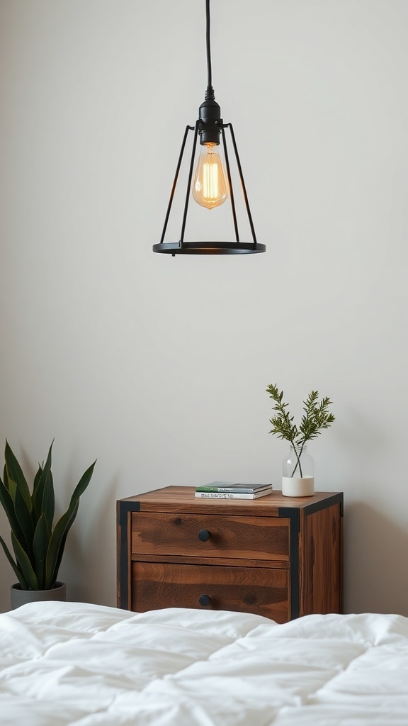 A modern rustic bedroom featuring an industrial lighting fixture above a nightstand.