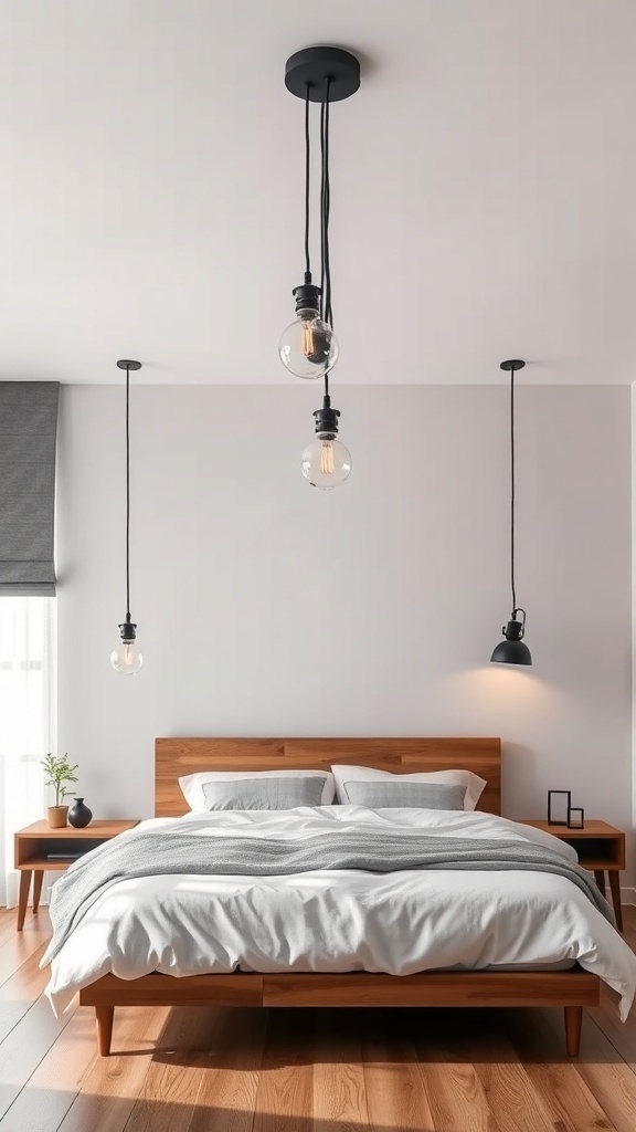 A rustic modern bedroom featuring industrial lighting fixtures with hanging pendant lights.