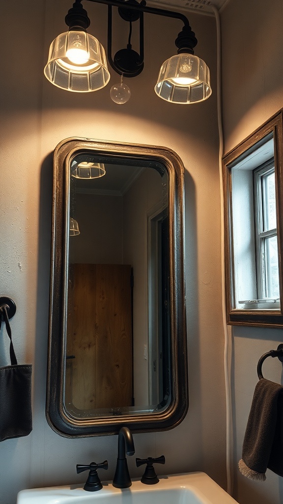 A rustic modern bathroom featuring industrial lighting fixtures above a mirror.