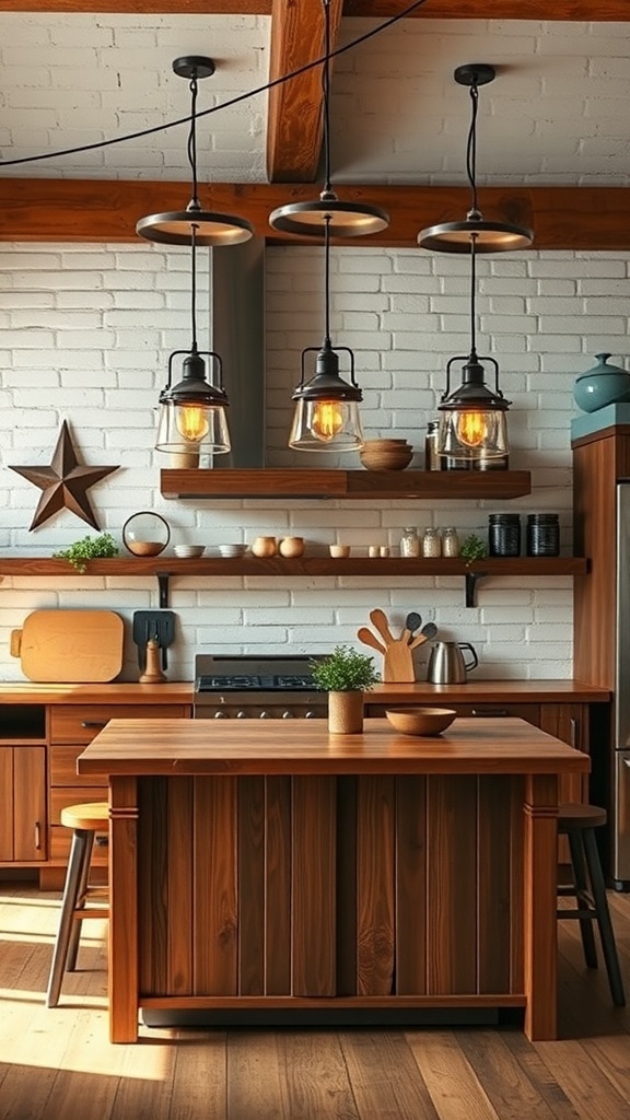 A modern rustic kitchen featuring industrial lighting fixtures above a wooden island.