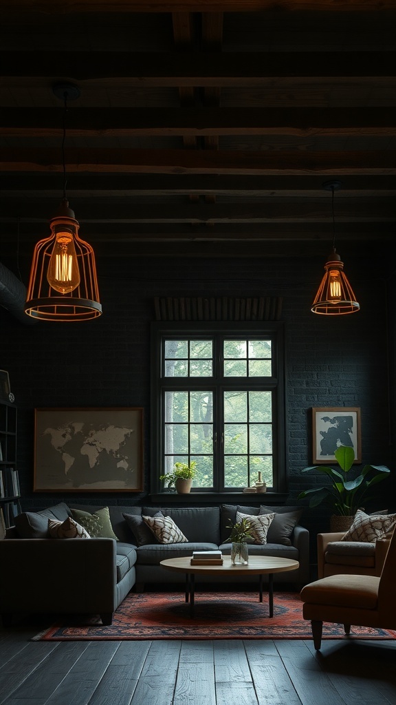 A dark rustic living room featuring industrial lighting fixtures.