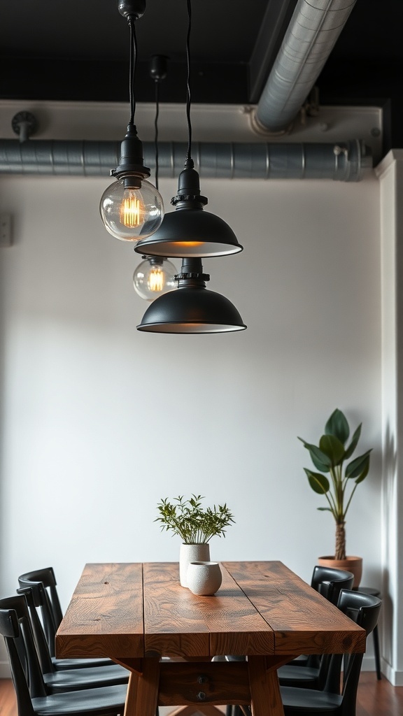 Three industrial-style pendant lights hanging over a wooden dining table with a small plant.