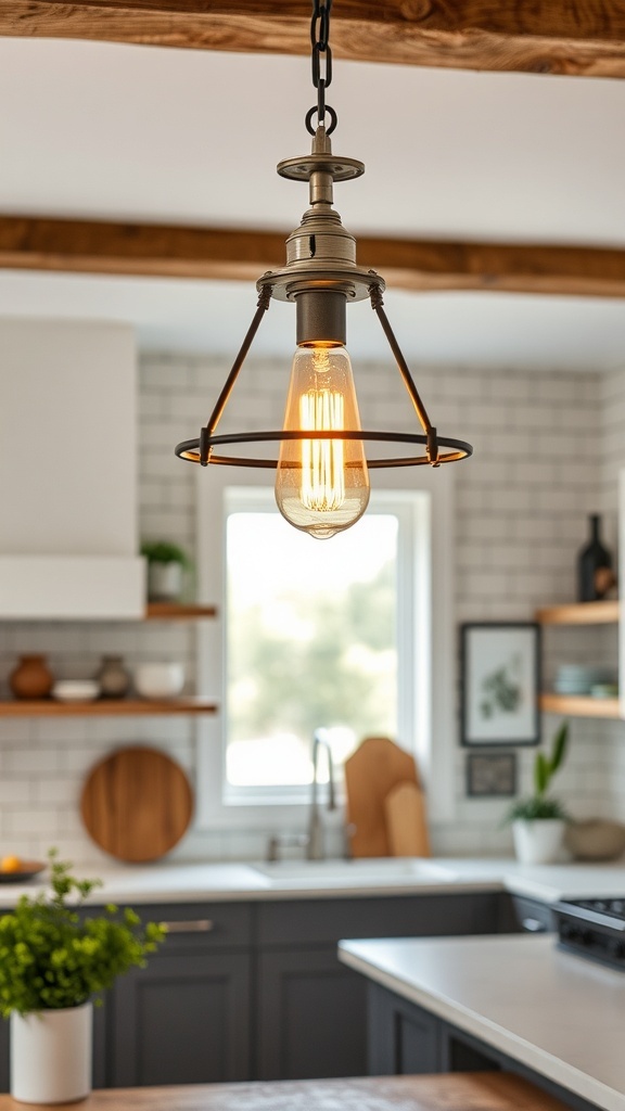 Industrial pendant light in a modern farmhouse kitchen.