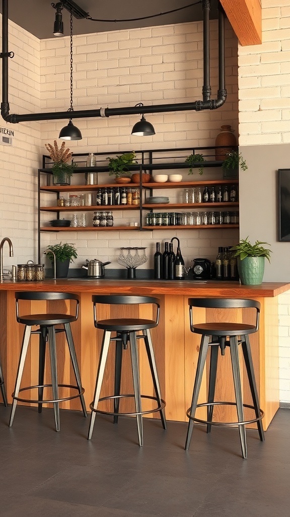 A stylish industrial pipe bar design featuring wooden countertops, black metal stools, and open shelving with various kitchen items.