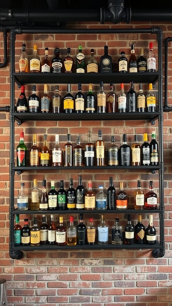 Industrial pipe shelving displaying various bottles in a rustic basement bar.